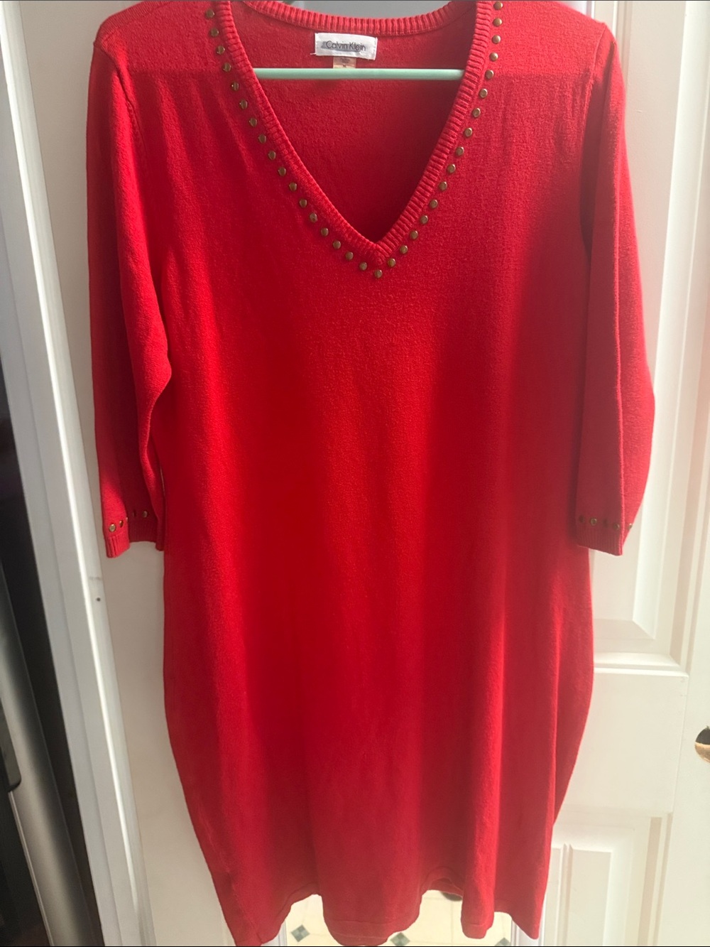 Calvin Klein Red Stud-Trim V-Neck Midi Sweater Dress